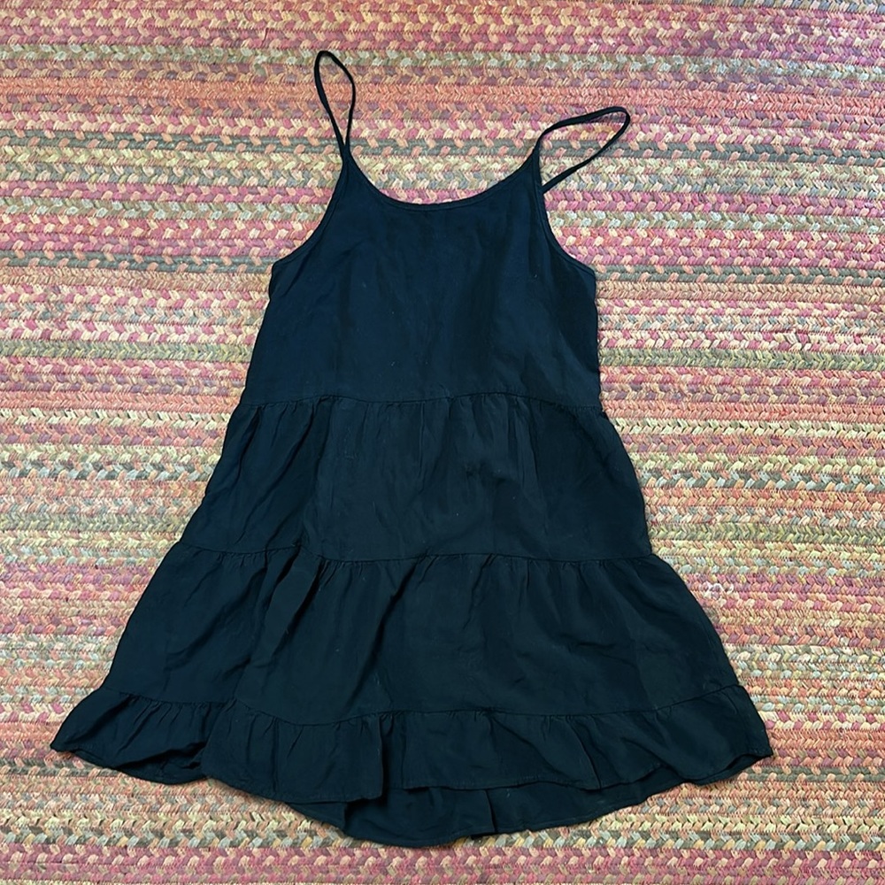 ENTRO Black Rayon Tiered Spaghetti Strap Backless Mini Slip Dress